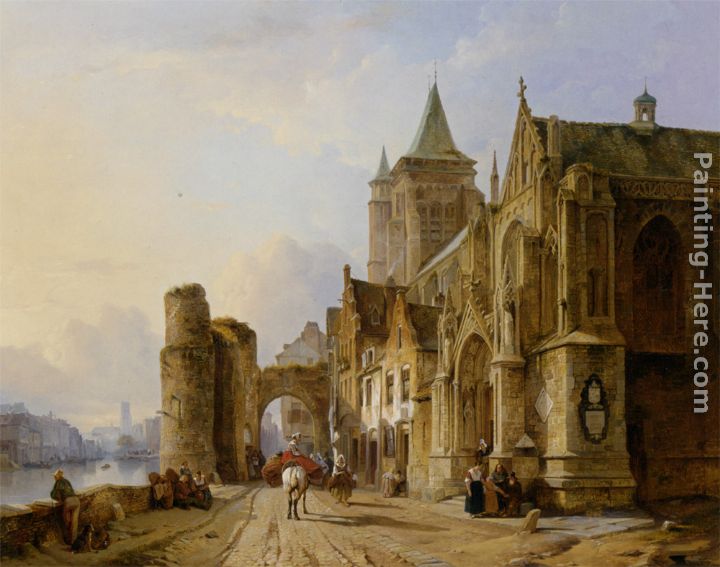 Figures in the Streets of a Riverside Town painting - Francois Antoine Bossuet Figures in the Streets of a Riverside Town art painting